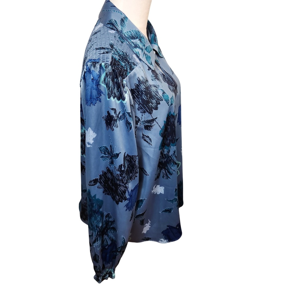 Canyon Retreat‎ Womens XL Blue Floral Print Collared Smocked Top Office Blouse - Picture 2 of 12